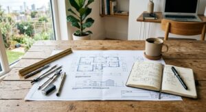 A professional, high-angle editorial photograph of a blueprint spread out on a wooden table, featuri