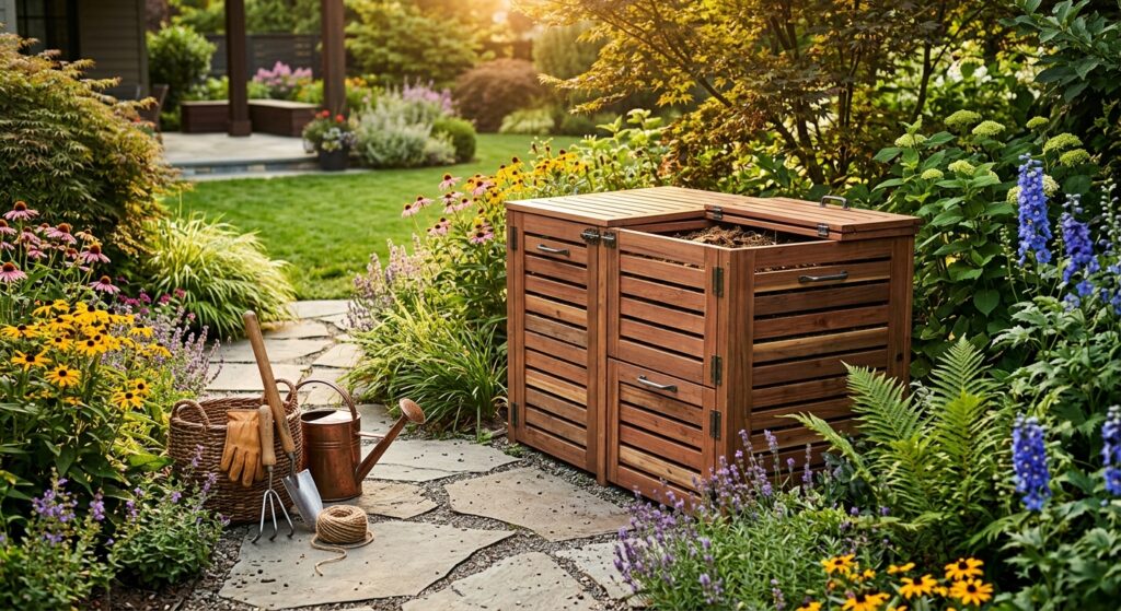 A high-end, editorial-style photograph of a modern, stylish wooden compost bin nestled in a beautifu