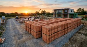 A professional, high-angle editorial shot of high-quality ceramic hollow blocks neatly stacked on a