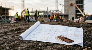 A professional, lifestyle-inspired shot of an architect’s blueprint resting on soil next to a constr