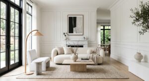 An elegant, sunlit modern living room interior featuring sophisticated white wall molding and wainsc