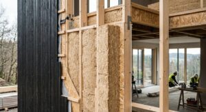 A high-end, professional architectural shot showcasing a cross-section of wood fiber insulation inst