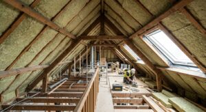 A professional, high-angle architectural shot of a modern attic interior during renovation, featurin