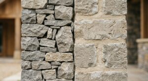 A high-end editorial close-up shot contrasting a clean, precision-fitted dry-stack stone wall on one