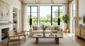 A professional, high-end editorial shot of a bright, minimalist living room interior filled with sof