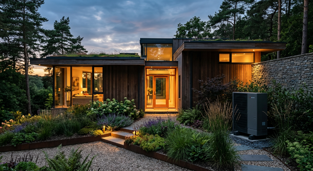 A professional, editorial-style photograph of a modern, eco-friendly house exterior at dusk, featuri