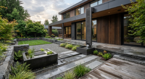 A high-end, professional architectural shot of a modern minimalist garden featuring an elegant, inte