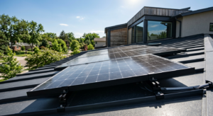 A professional, editorial-style close-up of high-tech solar panels installed on a modern, aesthetica