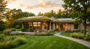 A high-end, editorial-style photograph of a modern, eco-friendly house exterior with a lush green la