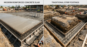 A high-end editorial split-screen comparison showing a modern reinforced concrete slab foundation on