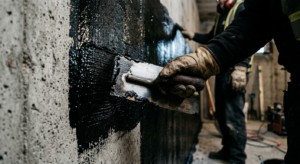 A professional, close-up editorial shot of a construction worker's hands using a trowel to apply dar