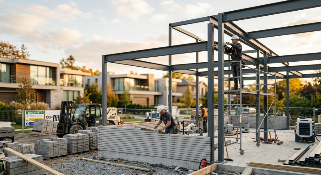 A high-end editorial photograph of a modern residential construction site featuring clean-cut masonr