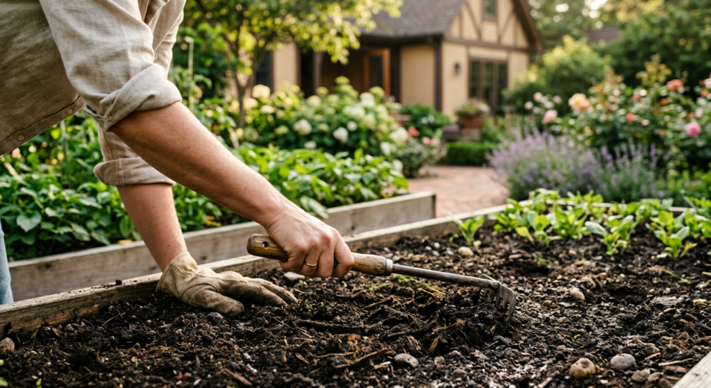 A high-quality, editorial-style photograph of a person’s hands professionally preparing dark, fertil