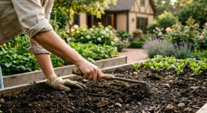 A high-quality, editorial-style photograph of a person’s hands professionally preparing dark, fertil