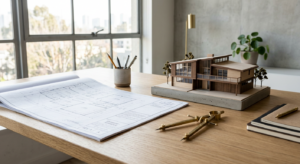 A high-end, minimalist architectural workspace featuring a set of detailed blueprints, a modern scal