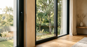 A high-end, editorial-style close-up shot of a modern, sleek window frame in a minimalist luxury hom