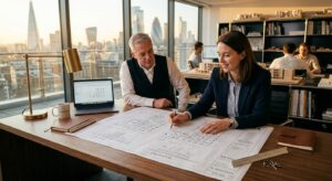 A high-end, professional architectural office setting featuring a blueprint spread across a modern w