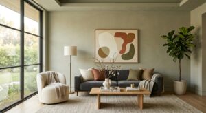 A high-end interior design shot of a pristine, modern living room with a freshly painted matte wall,