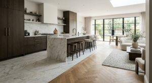 A high-end, editorial interior design shot featuring a transition between luxurious large-format sto