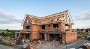 A high-quality architectural photograph of a modern house under construction, captured at the open s