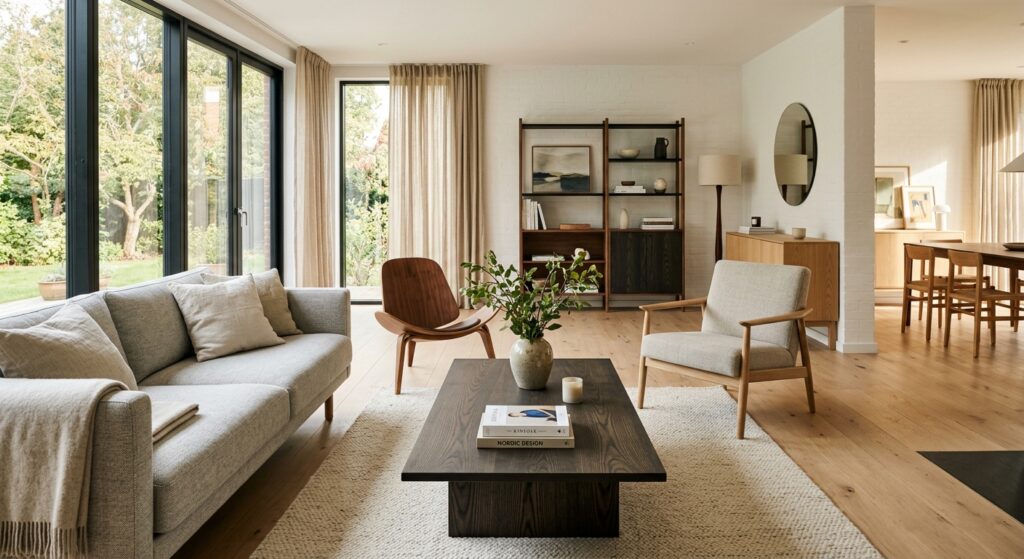 A professional editorial-style interior photograph showcasing a harmonious mix of premium light oak,